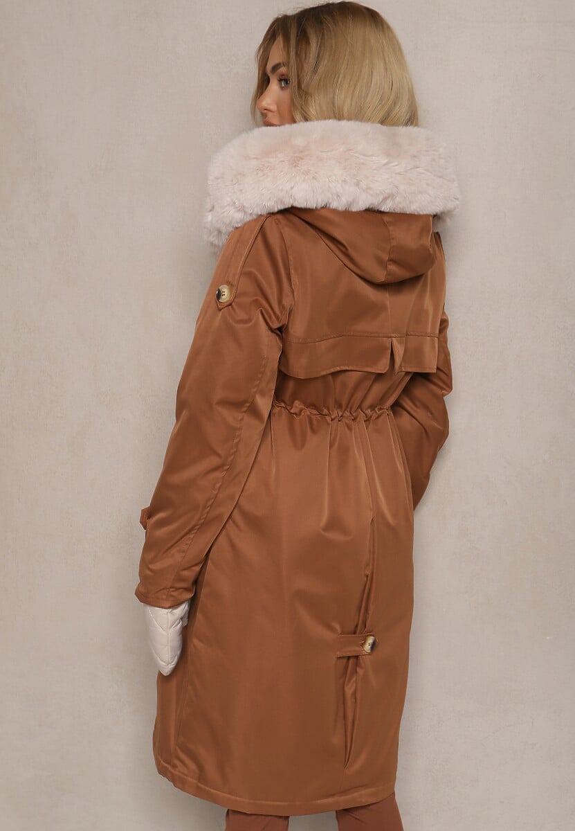 Brązowa Ocieplana Kurtka Parka z Kapturem i Ściągaczem w Pasie Semilaura