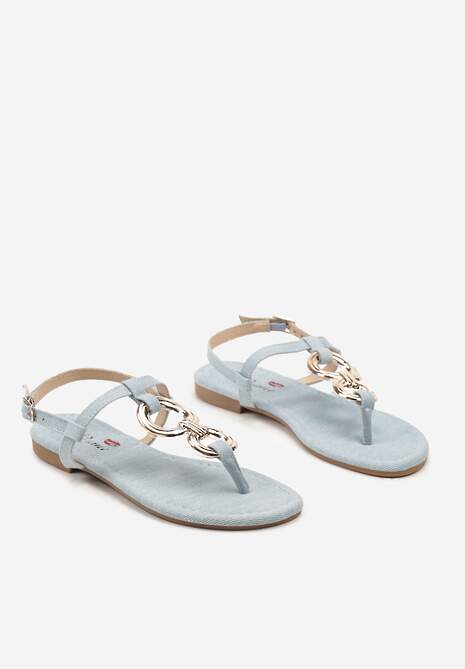 Jasnoniebieskie Płaskie Sandały z Ekoskóry Zapinane na Sprzączkę z Ozdobnymi Aplikacjami Viruna