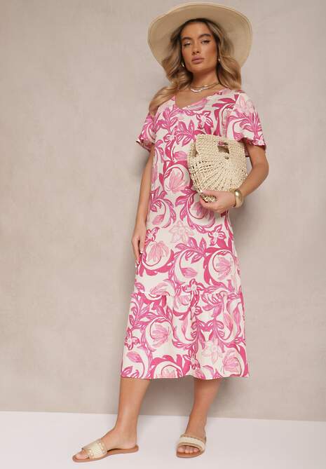 Różowa Sukienka Wiskozowa o Pudełkowym Kroju w Kwiatowy Print Ranisla