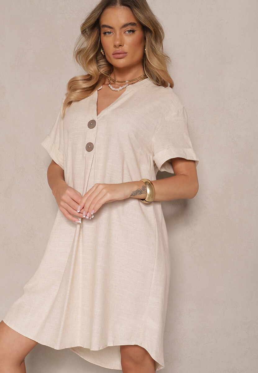 Jasnobeżowa Sukienka z Bawełny o Pudełkowym Kroju z Dużymi Guzikami Elanorella