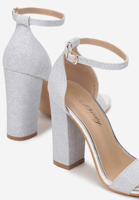 Srebrne Brokatowe Sandały na Wysokim Słupkowym Obcasie Keila