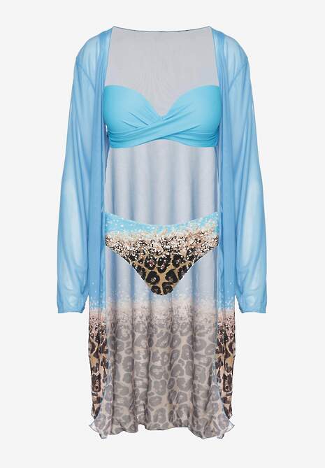 Jasnoniebieski Komplet Bikini Majtki Figi Biustonosz i Narzutka w Panterkę Paselina