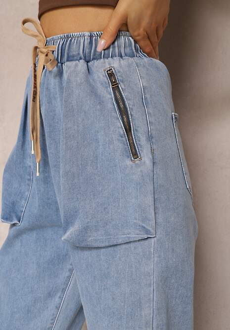 Niebieskie Jeansy Joggery Zapinane na Suwak ze Ściągaczami i Gumką w Pasie Castania