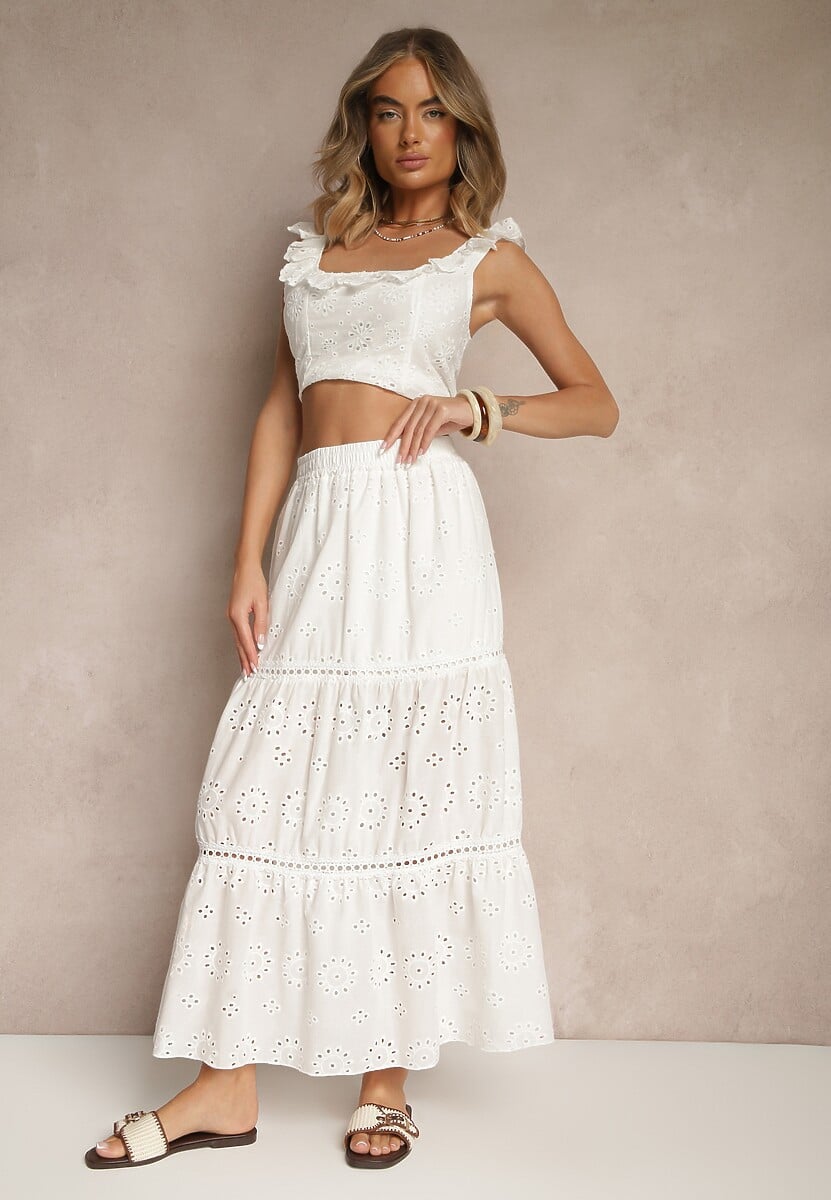 Biała Haftowana Spódnica z Bawełny o Rozkloszowanym Kroju Fevarine