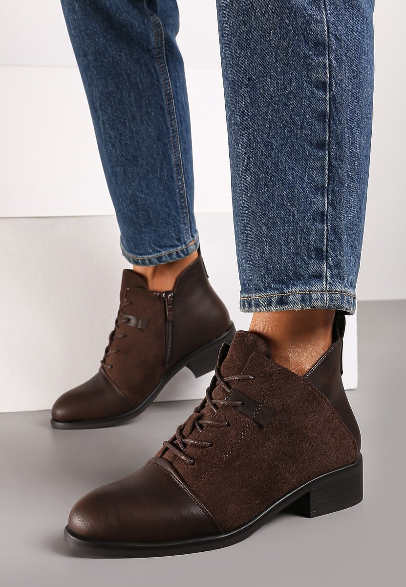 Brązowe Sznurowane Botki na Płaskiej Podeszwie Ozdobione Rivianne