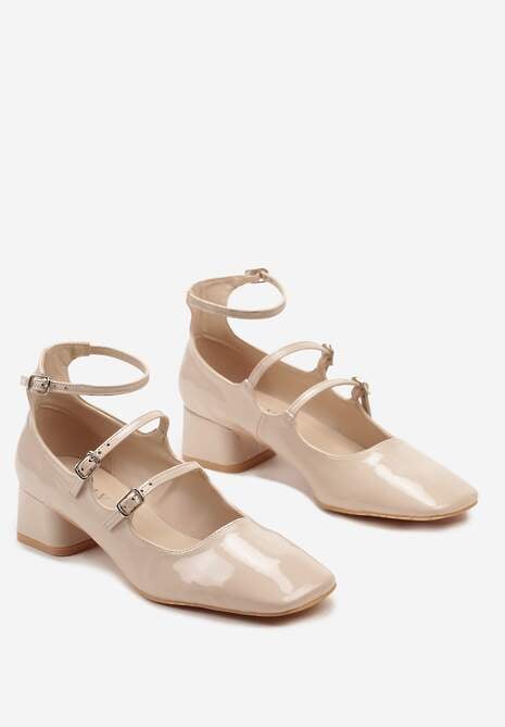 Beżowe Eleganckie Czółenka na Niewysokim Słupku Ozdobione Paskami ze Sprzączką Lavantia