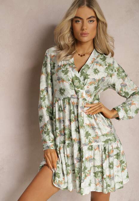 Beżowo-Zielona Sukienka Mini w Kwiatowy Wzór z Szeroką Falbanką na Dole Faeyra