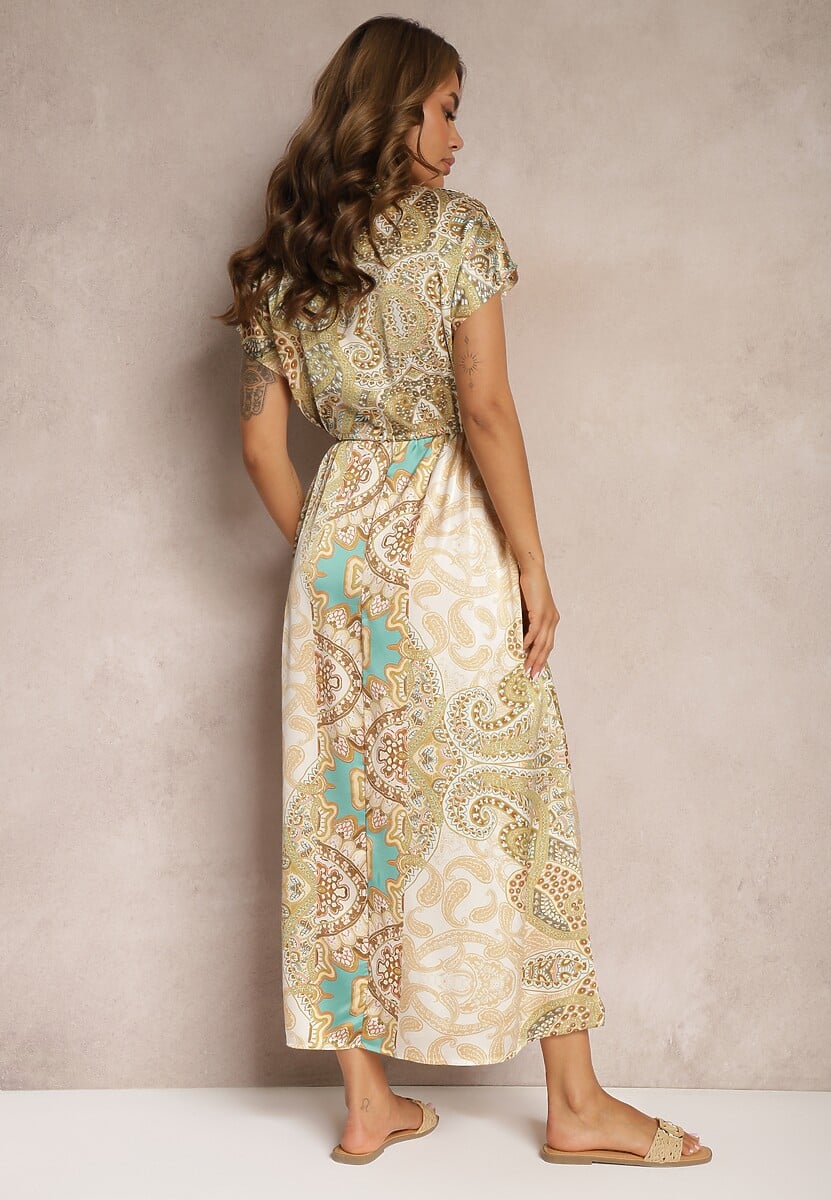 Zielona Sukienka Boho o Rozkloszowanym Kroju Ściągana w Talii Dimirrah