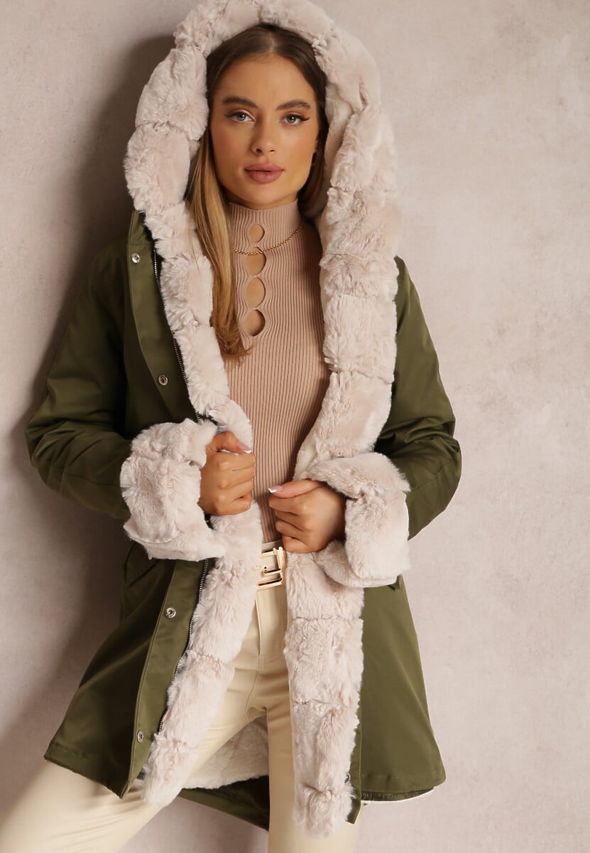 Ciemnozielona Kurtka Parka z Futerkiem Teyo