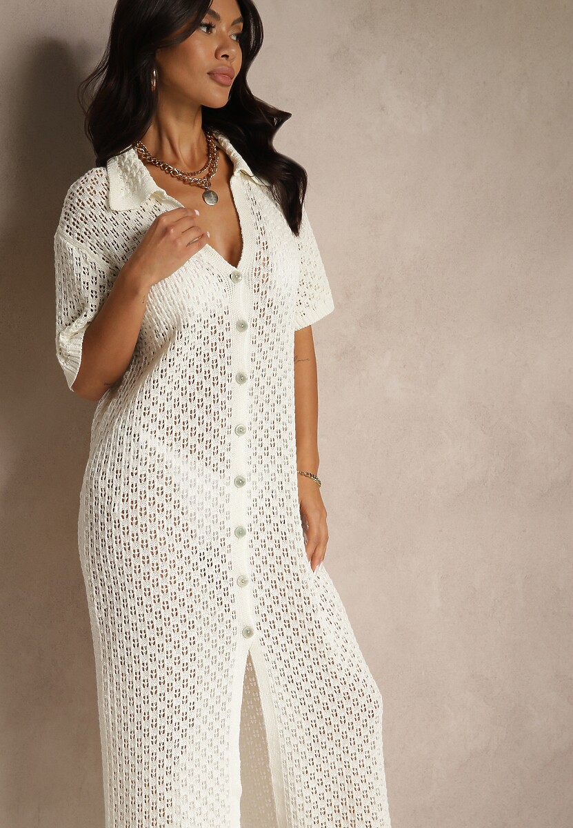 Jasnobeżowa Koszulowa Sukienka z Bawełną z Siateczki Folesia