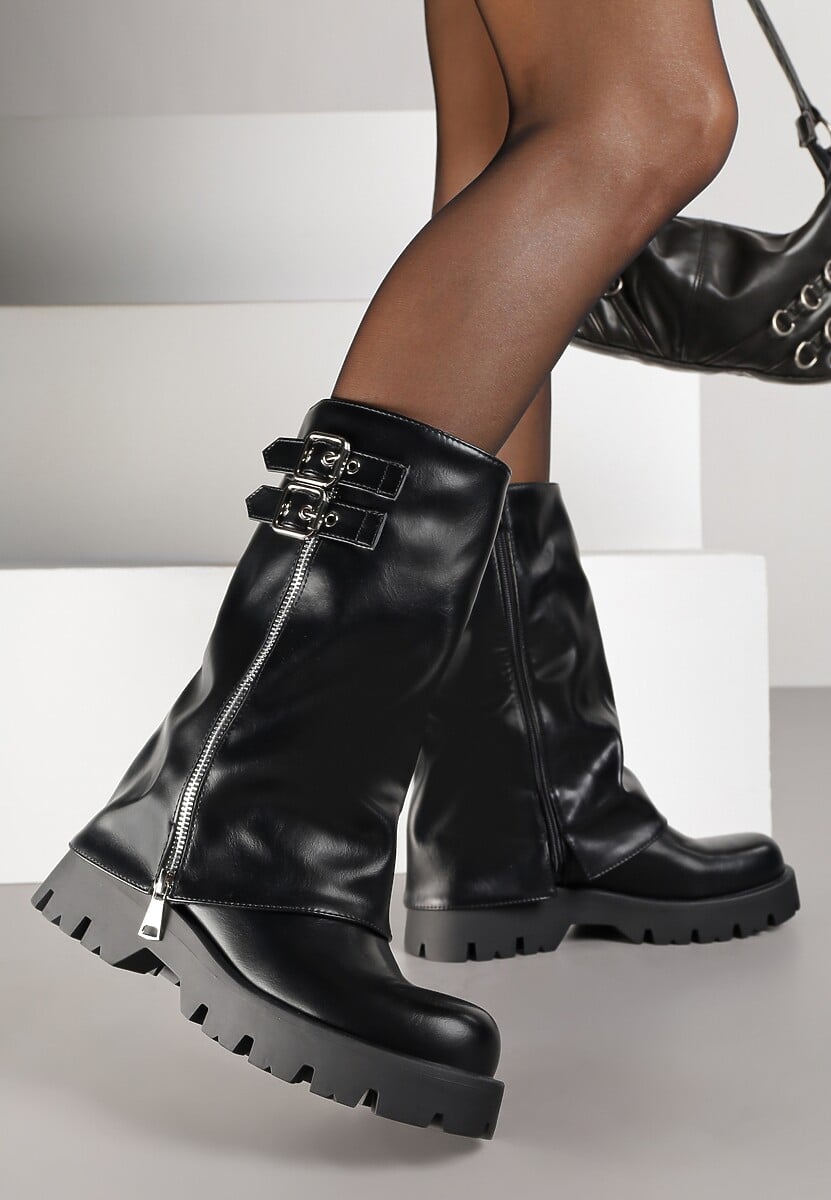 Czarne Botki Biker na Platformie z Wywiniętą Cholewką z Suwakiem i Klamerkami Selade