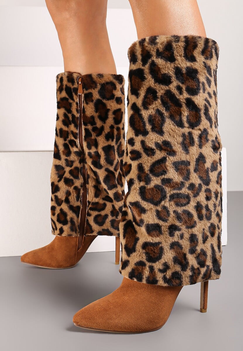 Brązowe Kozaki na Szpilce Ozdobione Futerkiem i Wywiniętą Cholewką w Panterkę Riavira