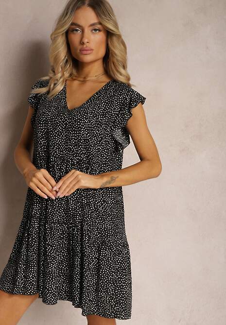 Czarna Rozkloszowana Sukienka z Bawełny w Kropki z Trójkątnym Dekoltem Riessa