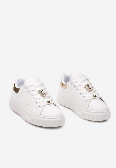 Biało-Złote Sneakersy na Niskiej Platformie ze Wstawką z Ekozamszu i Złotym Misiem Nleona