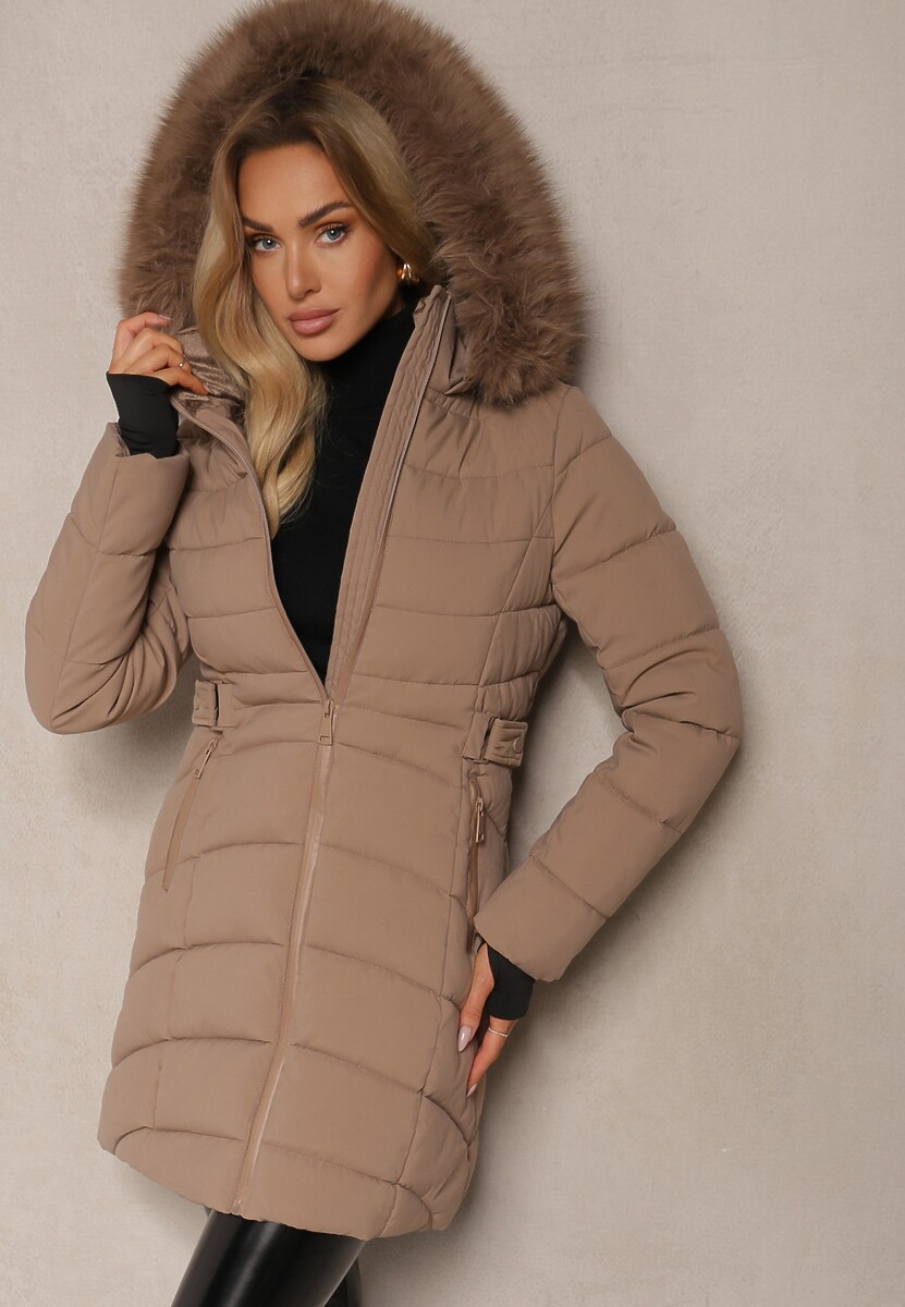 Czarno-Brązowa Pikowana Kurtka z Podszewką z Polarem i Kapturem z Futrzanym Obszyciem Eventina