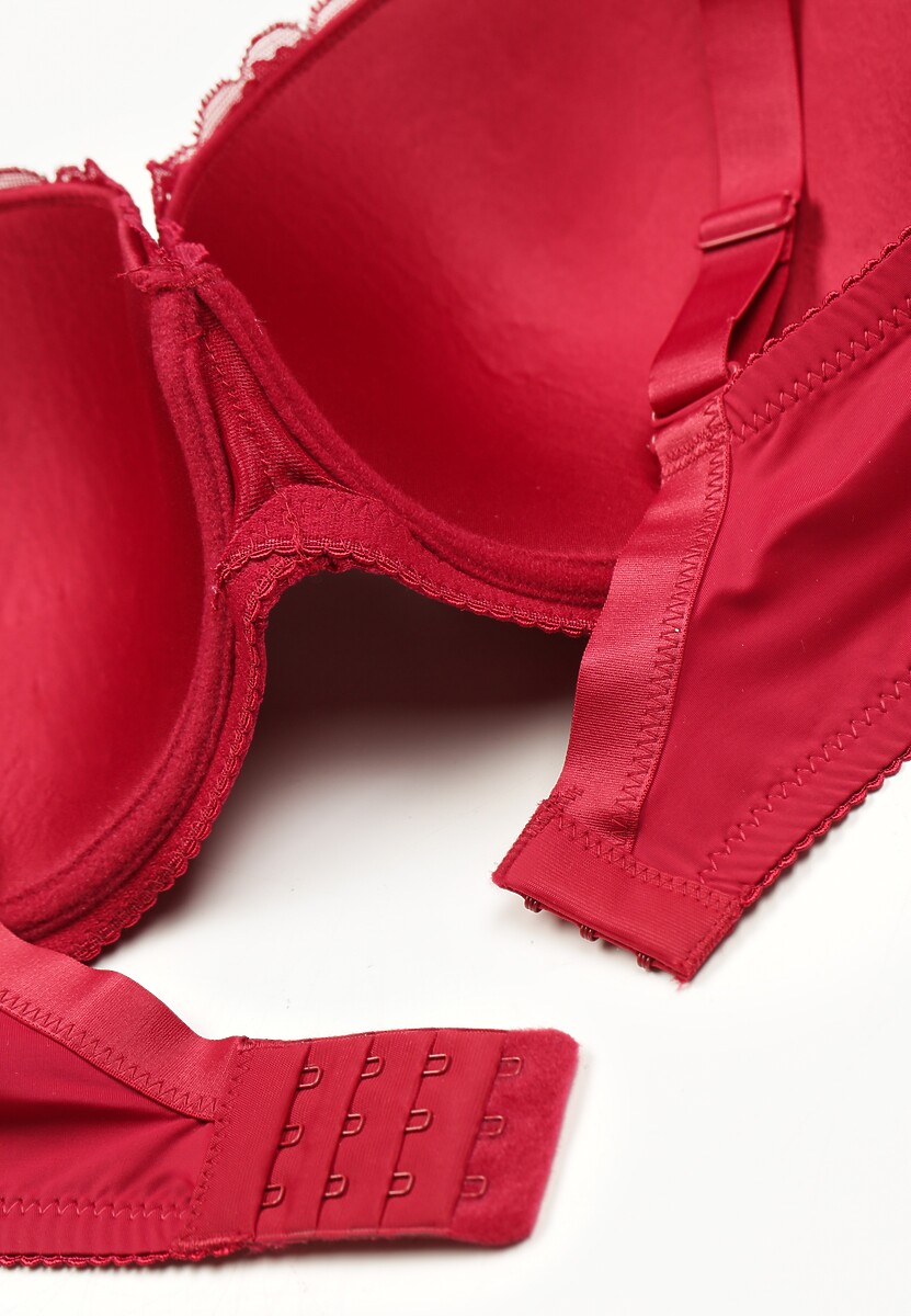 Bordowy Biustonosz z Wszytymi Gąbeczkami na Regulowanych Ramiączkach Ozdobiony Koronką Ellpina