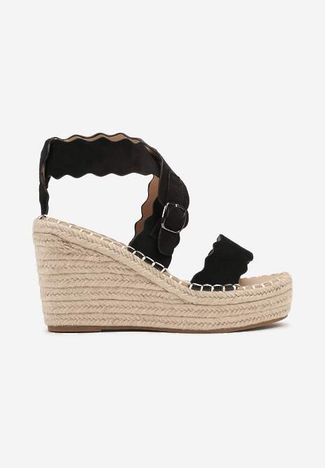 Czarne Sandały na Koturnie z Juty z Ozdobnymi Paskami Rhexinn