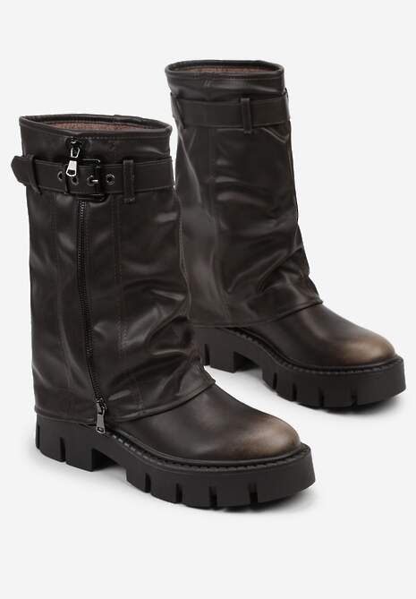 Brązowe Botki Biker Boots z Cholewką Imitującą Nogawkę z Klamerką Veresta