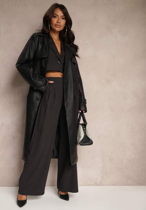 Czarny Komplet Garniturowy Marynarka Cropped i Szerokie Spodnie Mairilee