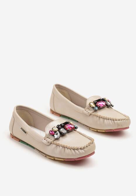 Beżowe Mokasyny z Wkładką ze Skóry Naturalnej i Cyrkoniami Zimora