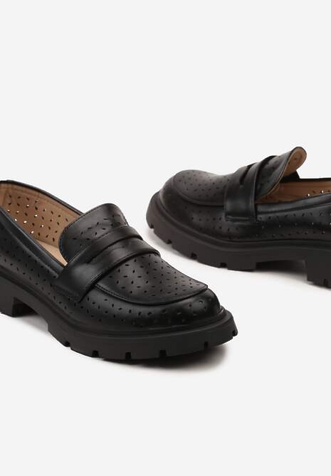 Czarne Płaskie Mokasyny z Ekoskóry o Ażurowym Wykończeniu Cevora