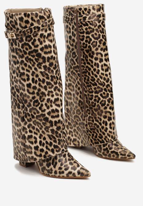 Brązowe Kozaki w Panterkę na Obcasie z Modnie Wywiniętą Cholewką Nartani