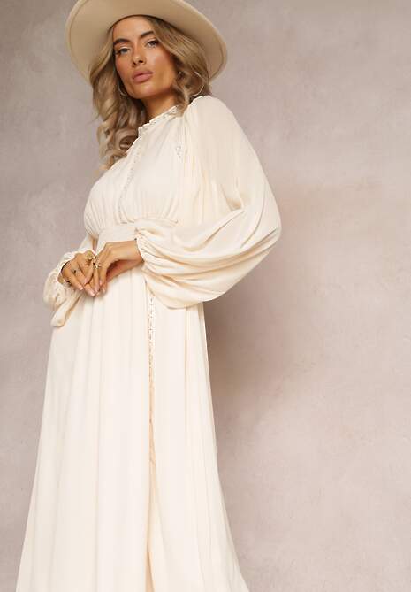 Beżowa Rozkloszowana Sukienka Midi z Gumkami w Talii i Koronką Ottillda