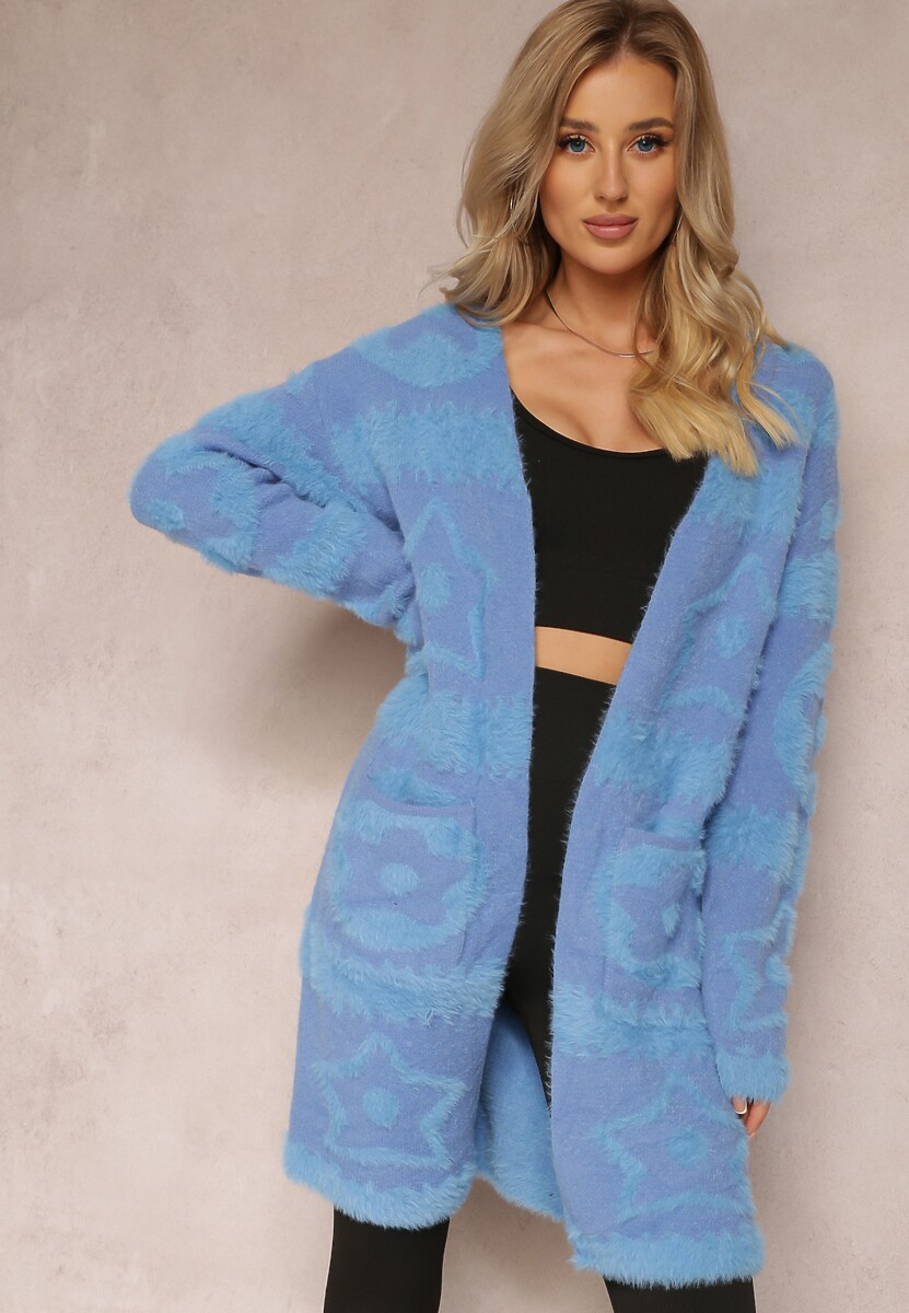Niebieski Długi Kardigan Puszysty Aborra