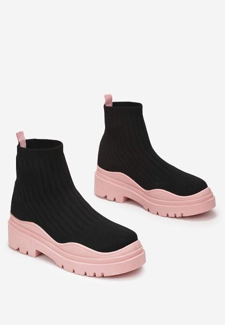 Czarno-Różowe Botki z Elastyczną Cholewką Ganeon