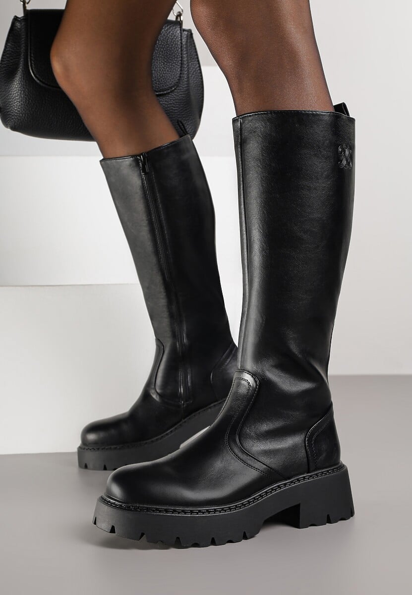 Bordowe Kozaki VICES na Platformie z Tłoczonym Zdobieniem przy Cholewce Uniresa