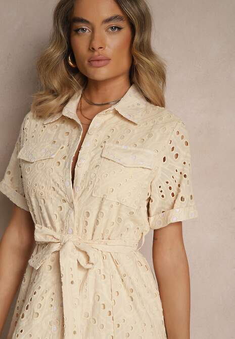 Beżowa Ażurowa Sukienka Koszulowa Ozdobiona Paskiem Rinailia