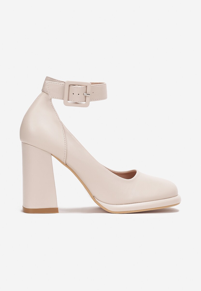 Beżowe Czółenka na Słupku z Paskiem i Klamerką Mirakia