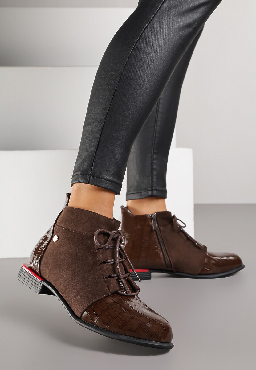 Brązowe Botki Lakierowane Vices Ozdobione Tłoczeniem Uzvila