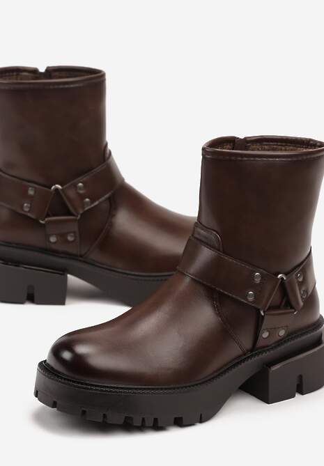 Brązowe Botki na Platformie w Stylu Bikerów Ozdobione Tłoczeniem i Klamrą Tineira