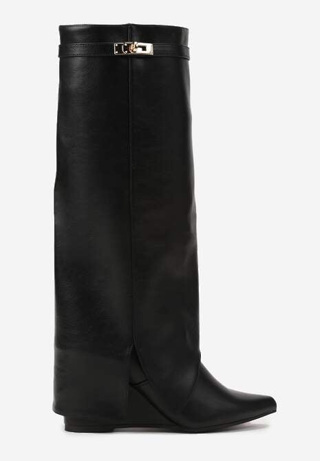 Czarne Kozaki na Koturnie z Cholewką Imitującą Nogawkę z Aplikacją Testarria