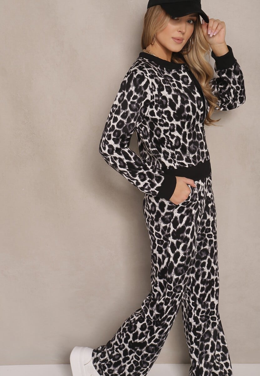 Szary Komplet Dresowy w Panterkowy Print Bluza i Spodnie o Szerokim Kroju Sonariela