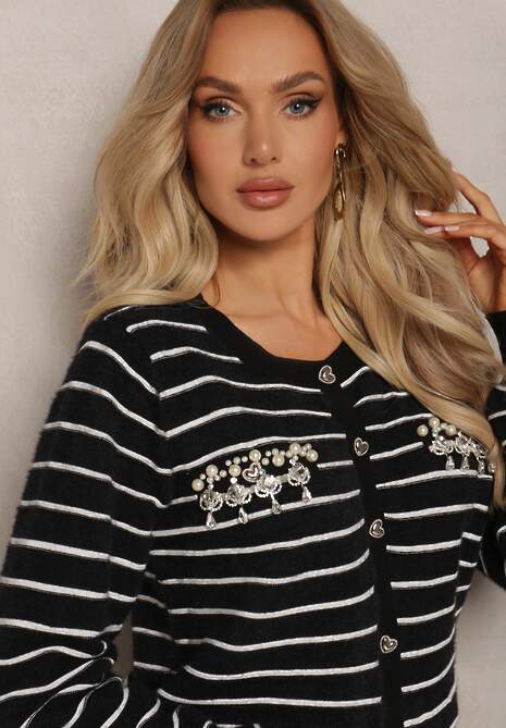 Czarny Kardigan z Wiskozy Ozdobiony Guzikami Cyrkoniami oraz Koralikami w Paski Sereia