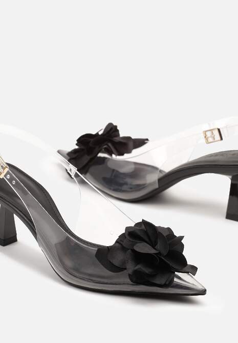 Czarne Przezroczyste Sandały na Obcasie Typu Kaczuszka z Kwiatem Nalaniela