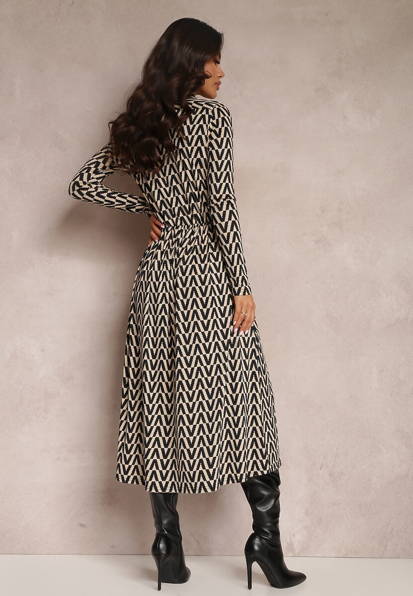 Beżowo-Czarna Sukienka Rozkloszowana w Tygrysie Paski Chipha