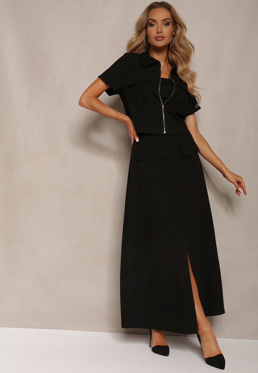 Beżowy Komplet Bluzka z Krótkim Rękawem Spódnica z Rozcięciem i Gumką w Pasie Dravia