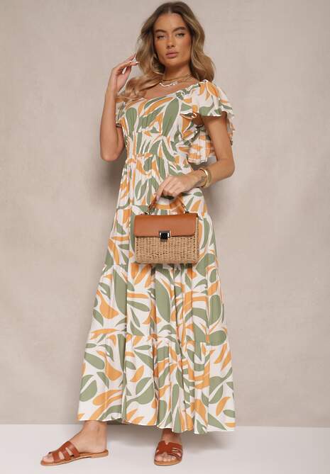 Ciemnozielona Rozkloszowana Sukienka z Wiskozy w Geometryczny Wzór Anisoria