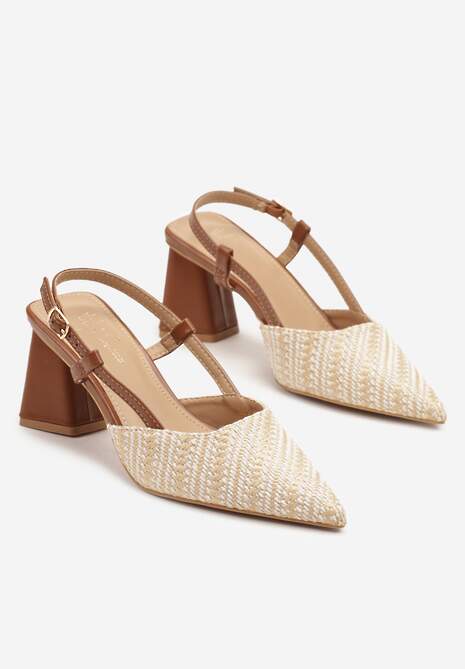 Brązowe Sandały na Słupku Typu Slingback Ozdobione Plecionką Koralisa