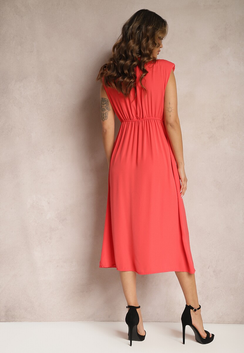 Czerwona Midi Sukienka o Rozkloszowanym Fasonie z Ozdobnym Węzłem i Rozcięciem Zanondia