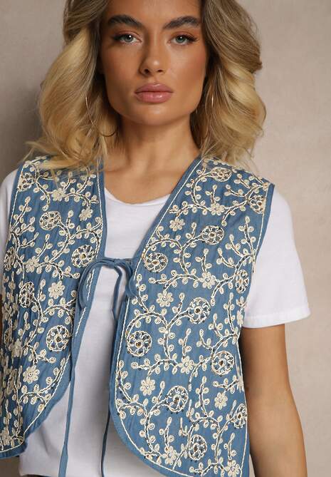 Niebieska Wiązana Kamizelka z Bawełny Zdobiona Haftem z Kwiatowym Motywem Lisavirae