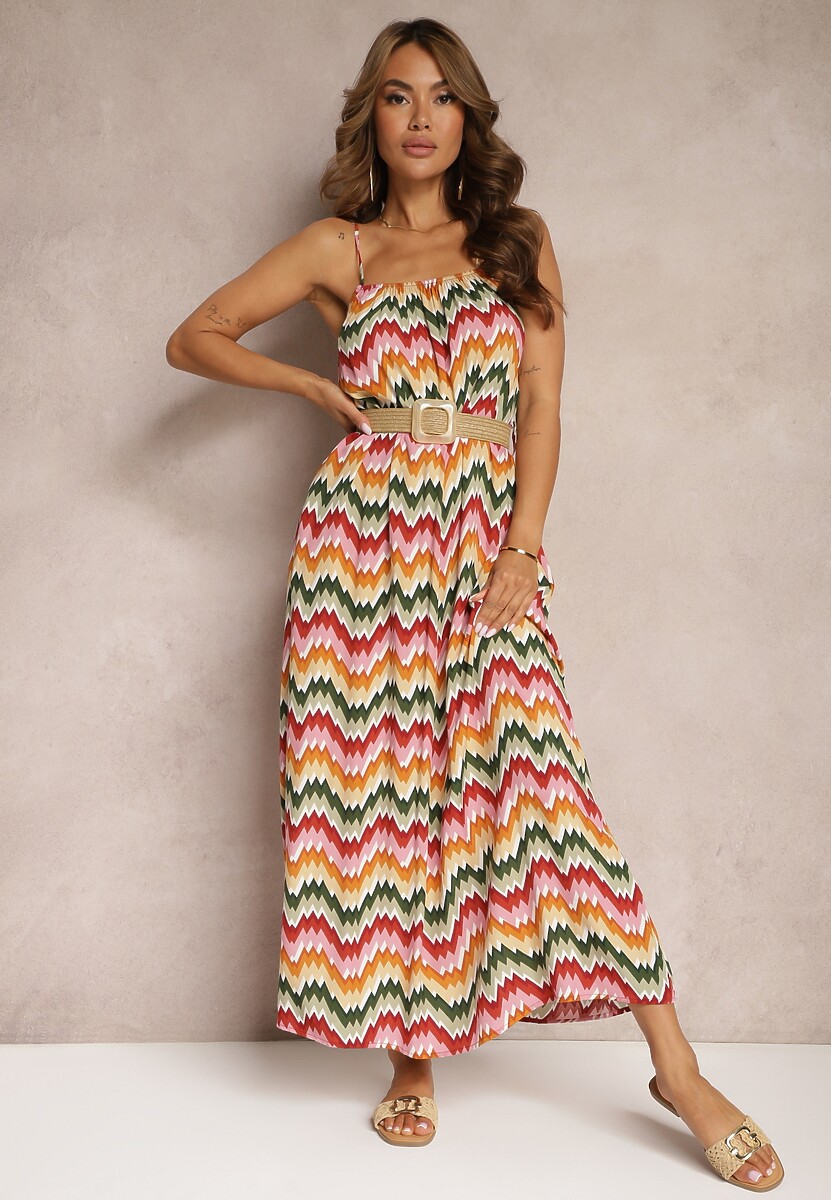 Czerwono-Zielona Wiskozowa Sukienka z Regulowanymi Ramiączkami i Paskiem w Talii Vikitha