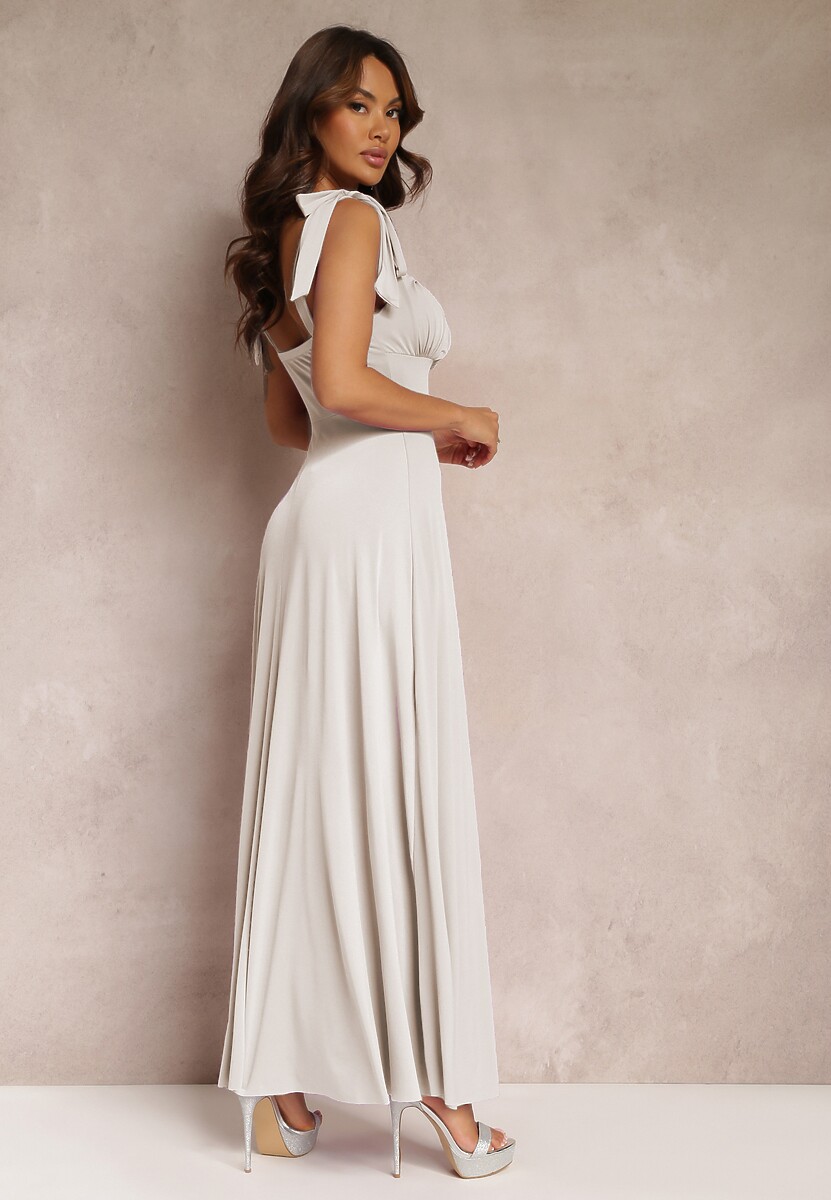 Jasnobeżowa Długa Sukienka z Marszczonym Dekoltem i Wiązanymi Ramiączkami Rozvita