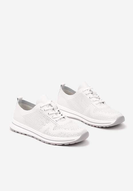 Białe Skórzane Buty Sportowe na Płaskiej Podeszwie ze Skórzaną Wkładką Ozdobione Perforacją Falali