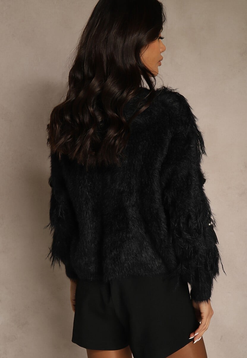 Czarny Kardigan w Eleganckim Stylu z Imitacją Piór i Perłowymi Guzikami Nessea