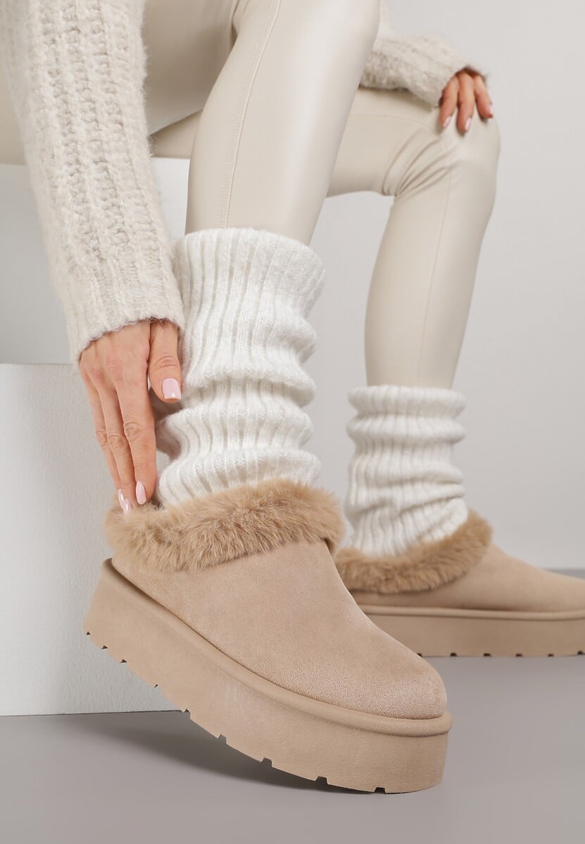 Ciemnobeżowe Krótkie Śniegowce na Platformie Ozdobione Futerkiem Sewlara