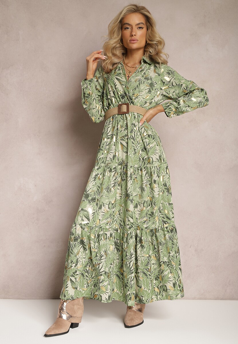 Jasnozielona Sukienka Maxi z Kołnierzykiem i Plecionym Paskiem Pertitus